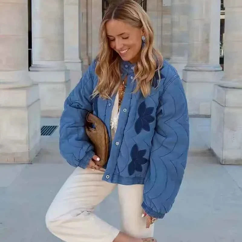 Women Floral Embroidery Quilted Jacket Coat