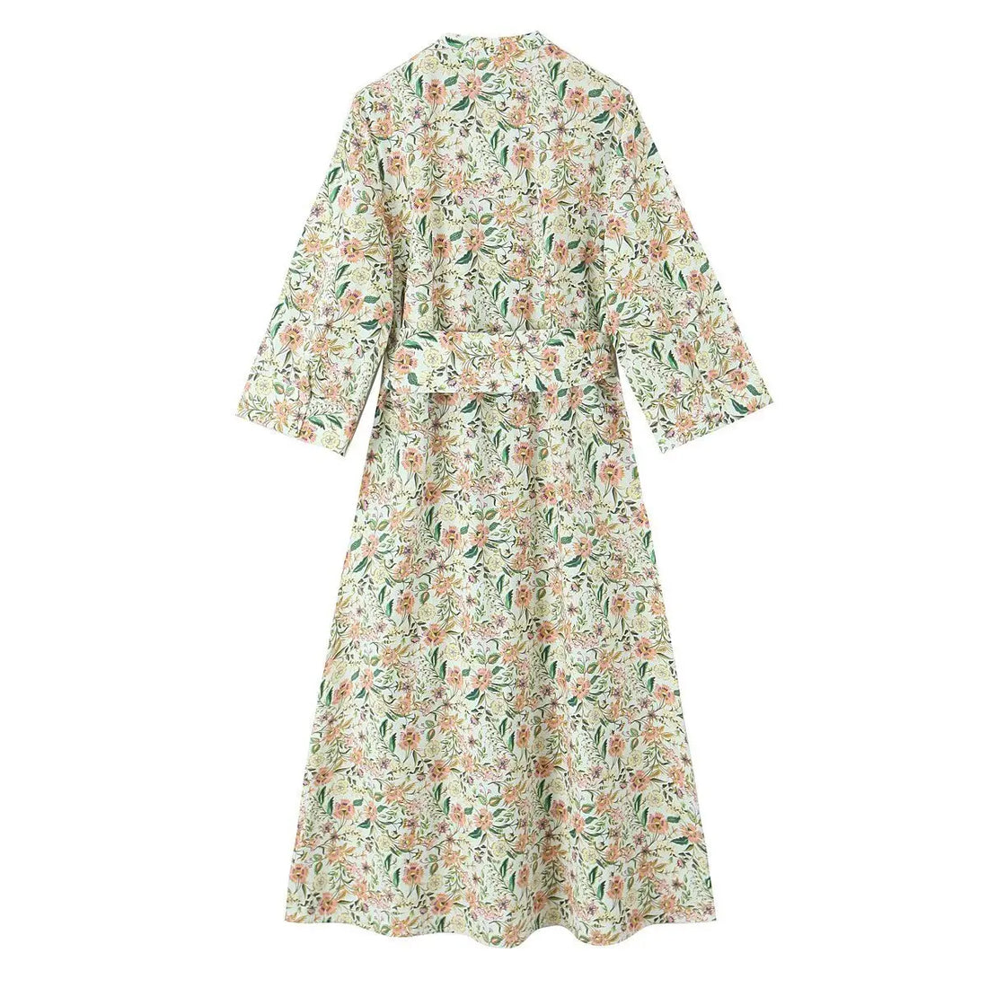 Women Floral Print Midi Dress with Belt - Printed dress / M