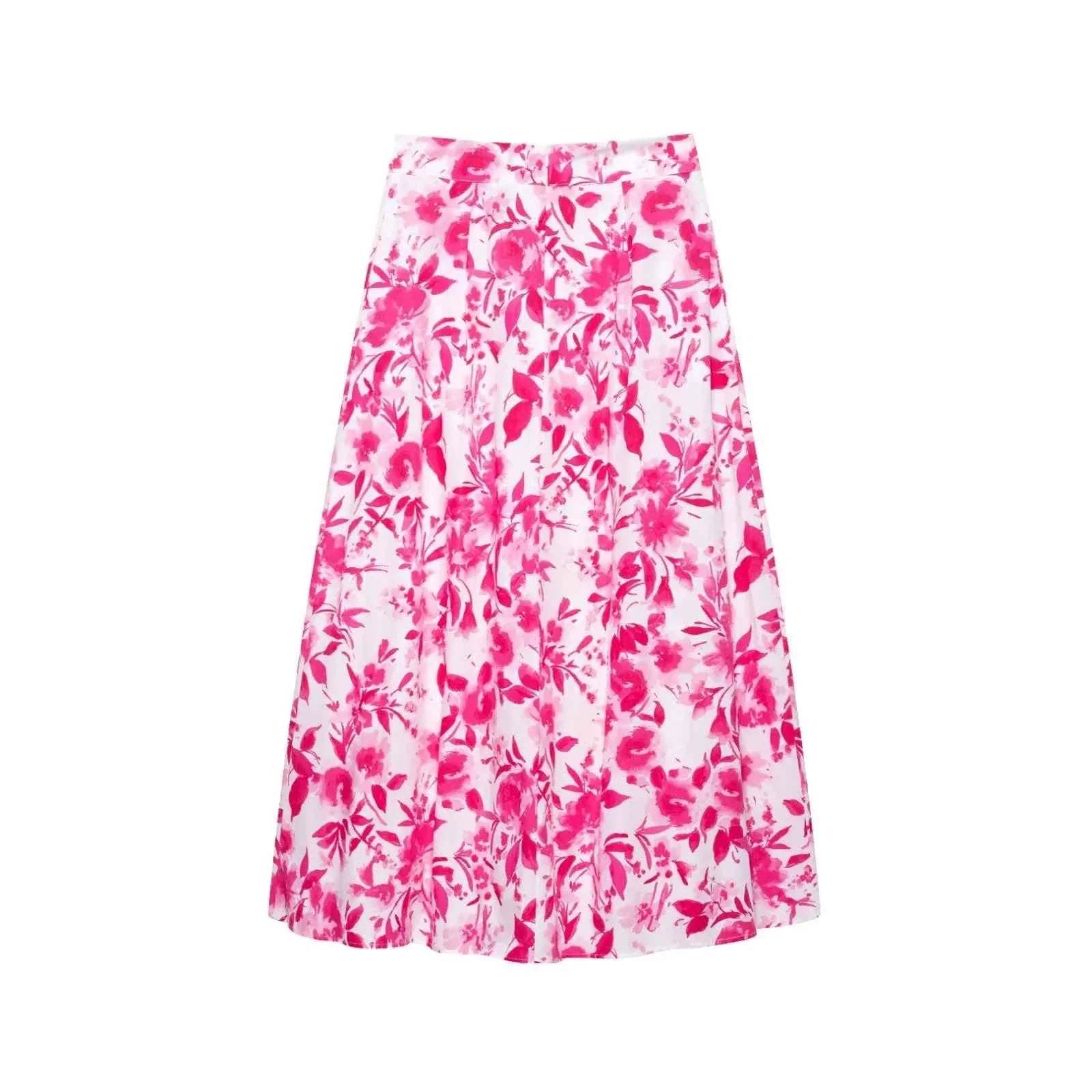 Women Floral Print Pleats Design A Line Midi Skirt
