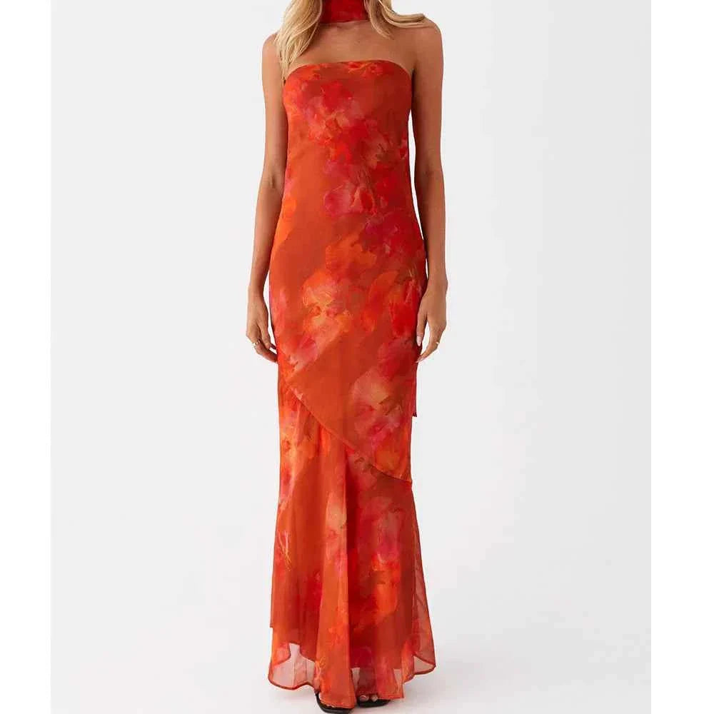 Women Floral Tube Maxi Dress with Scarf