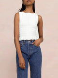 Women Frill Smocked Vest Sleeveless Shirred Ruffle Tank Top