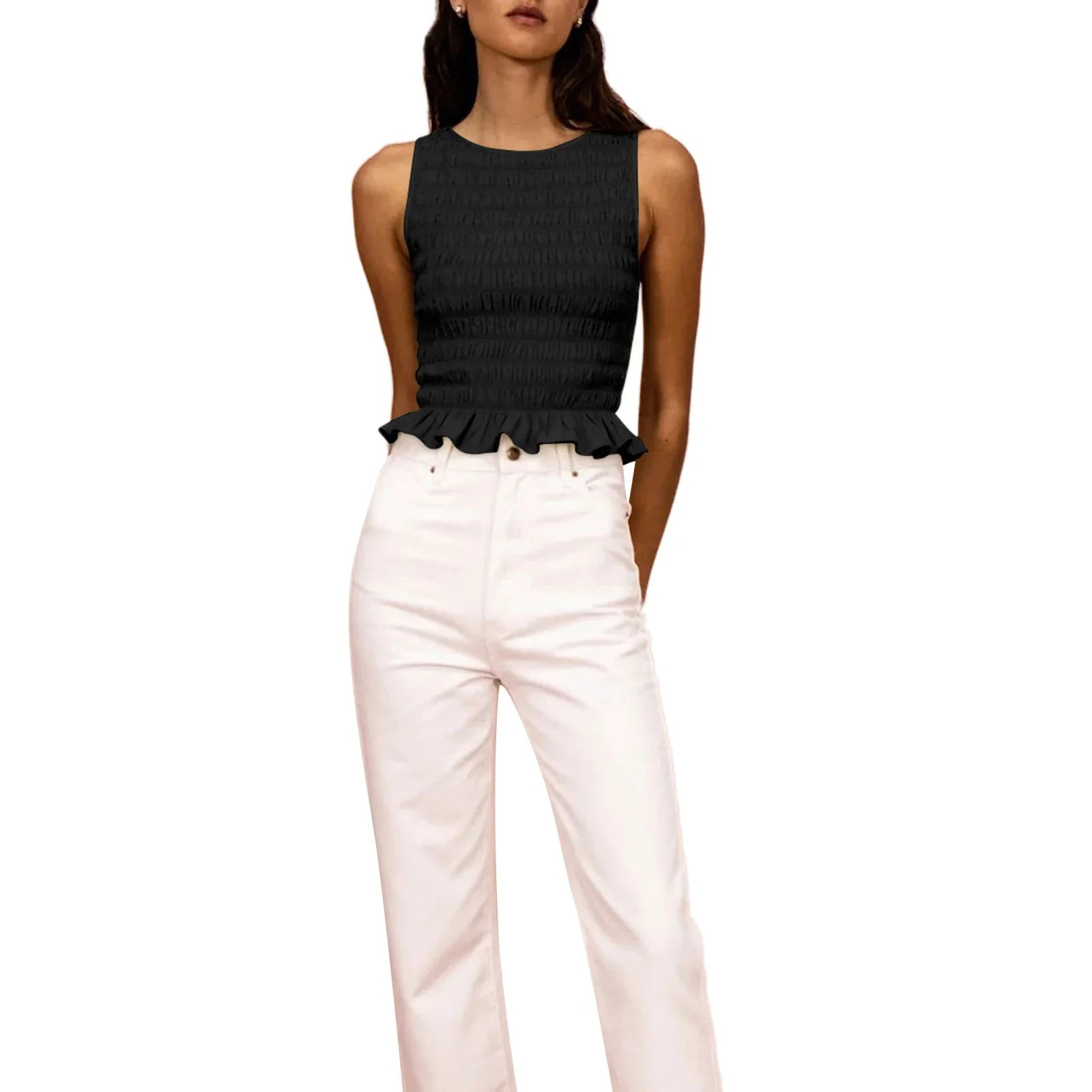 Women Frill Smocked Vest Sleeveless Shirred Ruffle Tank Top - black / L