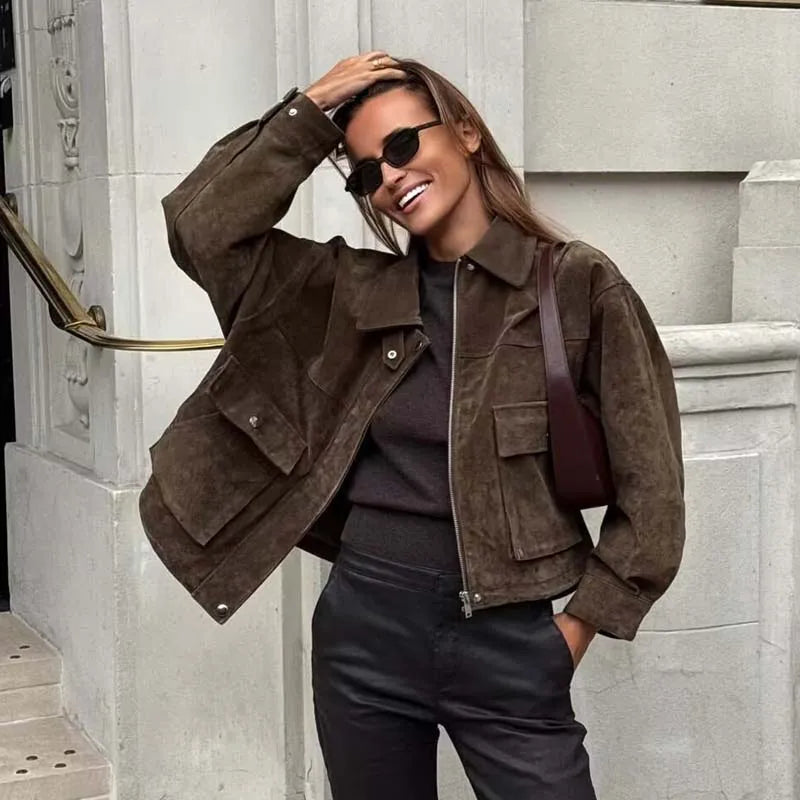 Women Front Patch Pockets Faux Leather Bomber Jacket