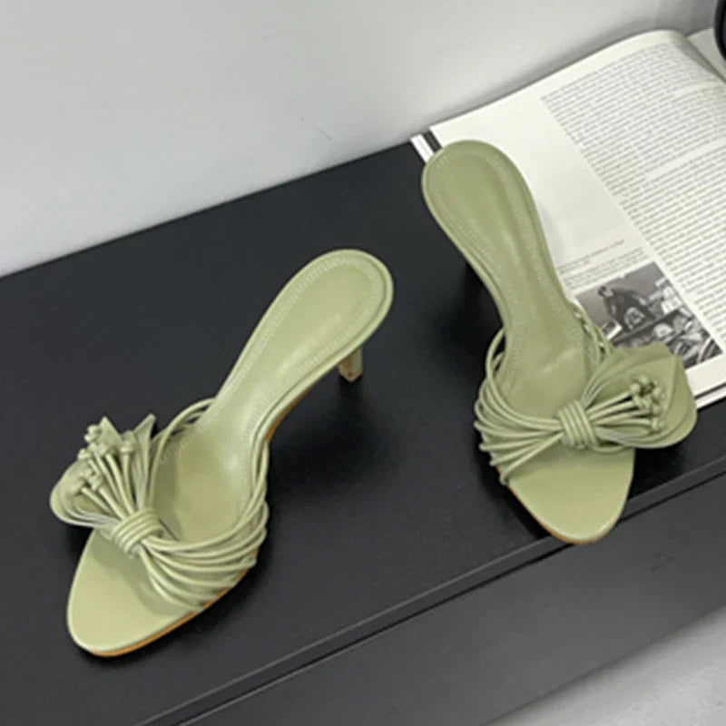 Women Green Leaf Narrow Band Summer Slipper Sandal