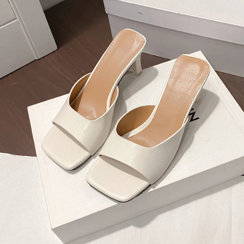 Women Heeled Mules Sandals Soft Leather
