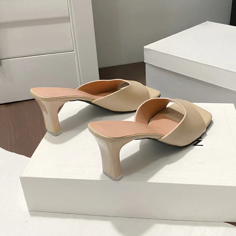 Women Heeled Mules Sandals Soft Leather