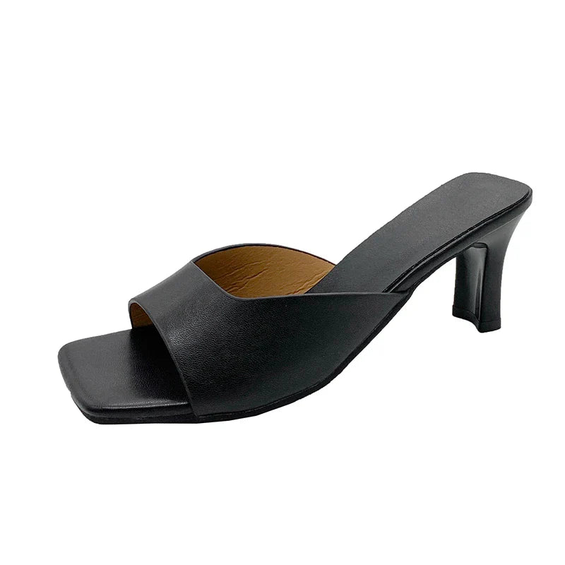Women Heeled Mules Sandals Soft Leather - black / 35