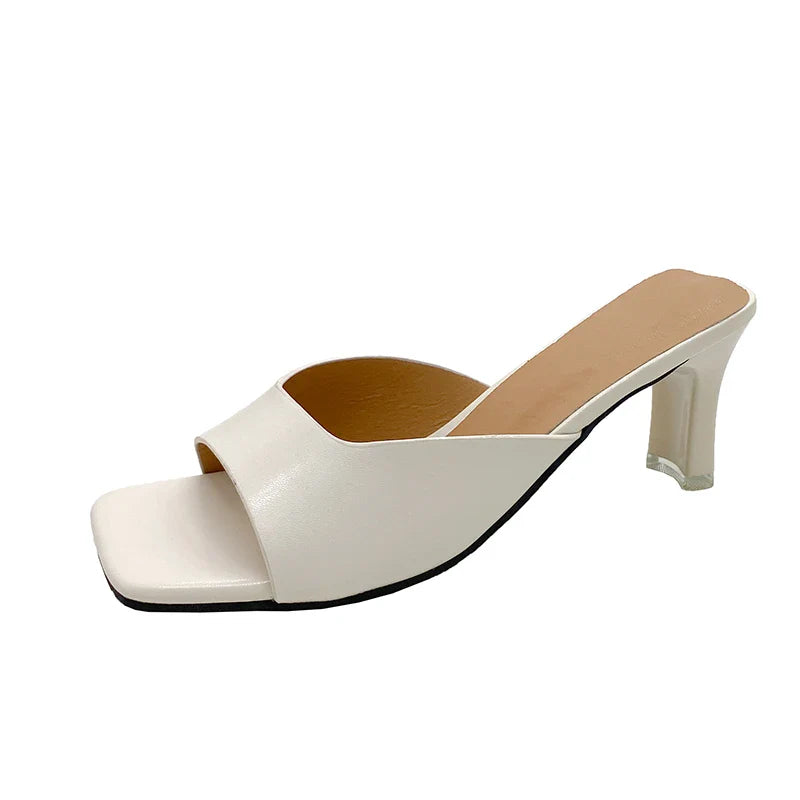 Women Heeled Mules Sandals Soft Leather - WHITE / 39
