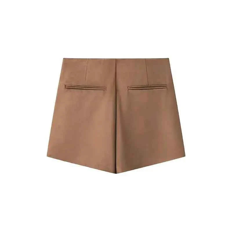 Women High Waist A-line Culottes Mid-waist Hidden Zipper Pocket Mini Skirt Shorts - Brown skirt / M