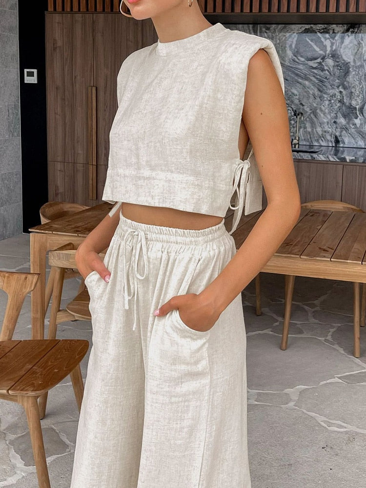 Women Holiday Linen Pant Set Crop Tops Solid - Other