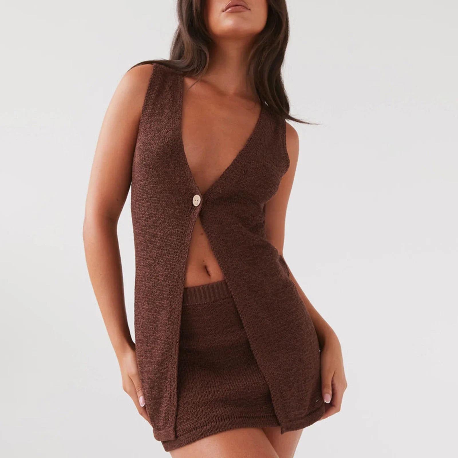 Women Knit 2 Piece Mini Skirt Set - D / S