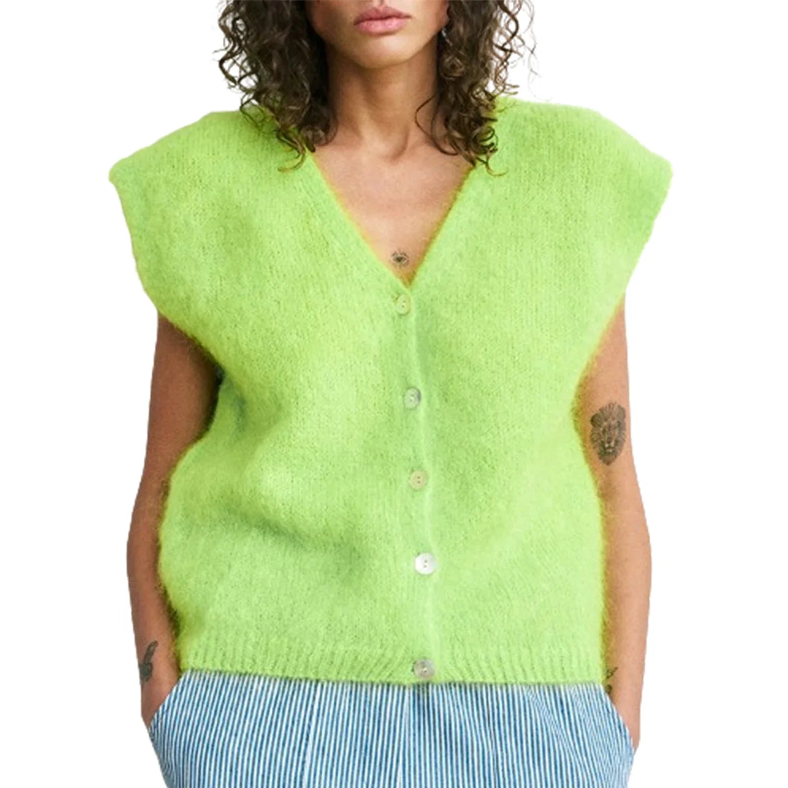 Women Knit Vest Elegant Furry Sleeveless Button - Fluorescent Green / M