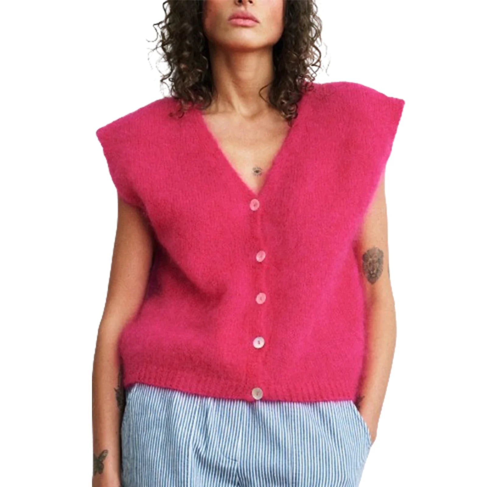 Women Knit Vest Elegant Furry Sleeveless Button - Rose Red / L