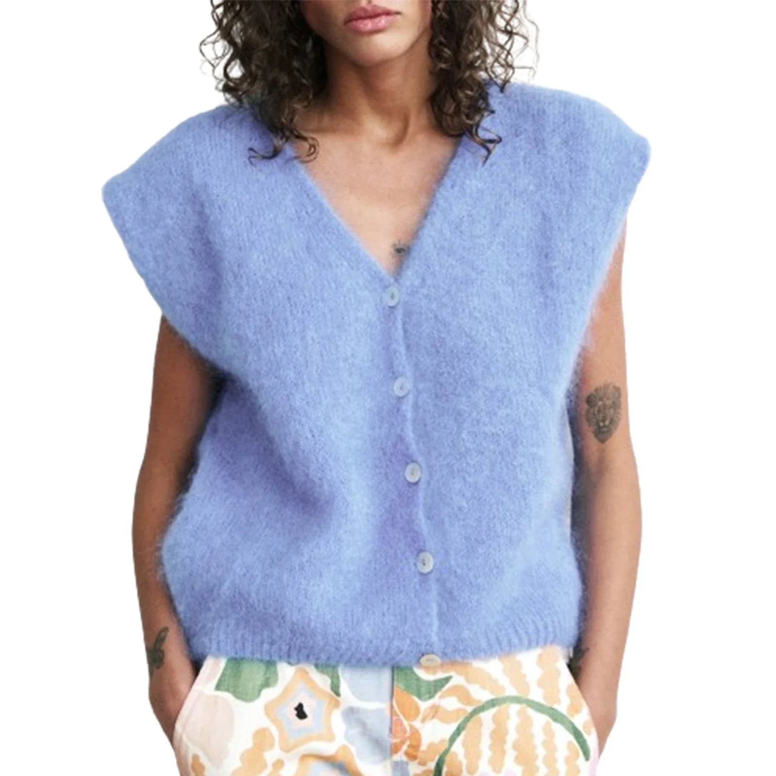 Women Knit Vest Elegant Furry Sleeveless Button - SKY BLUE / S