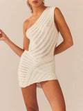 Women Knitted Bodycon Short Mini Dresse - WHITE / L