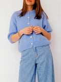 Women Knitted Crop Cardigan Shirt Short Sleeve Button Down Ribbed Knit - Blue / XL