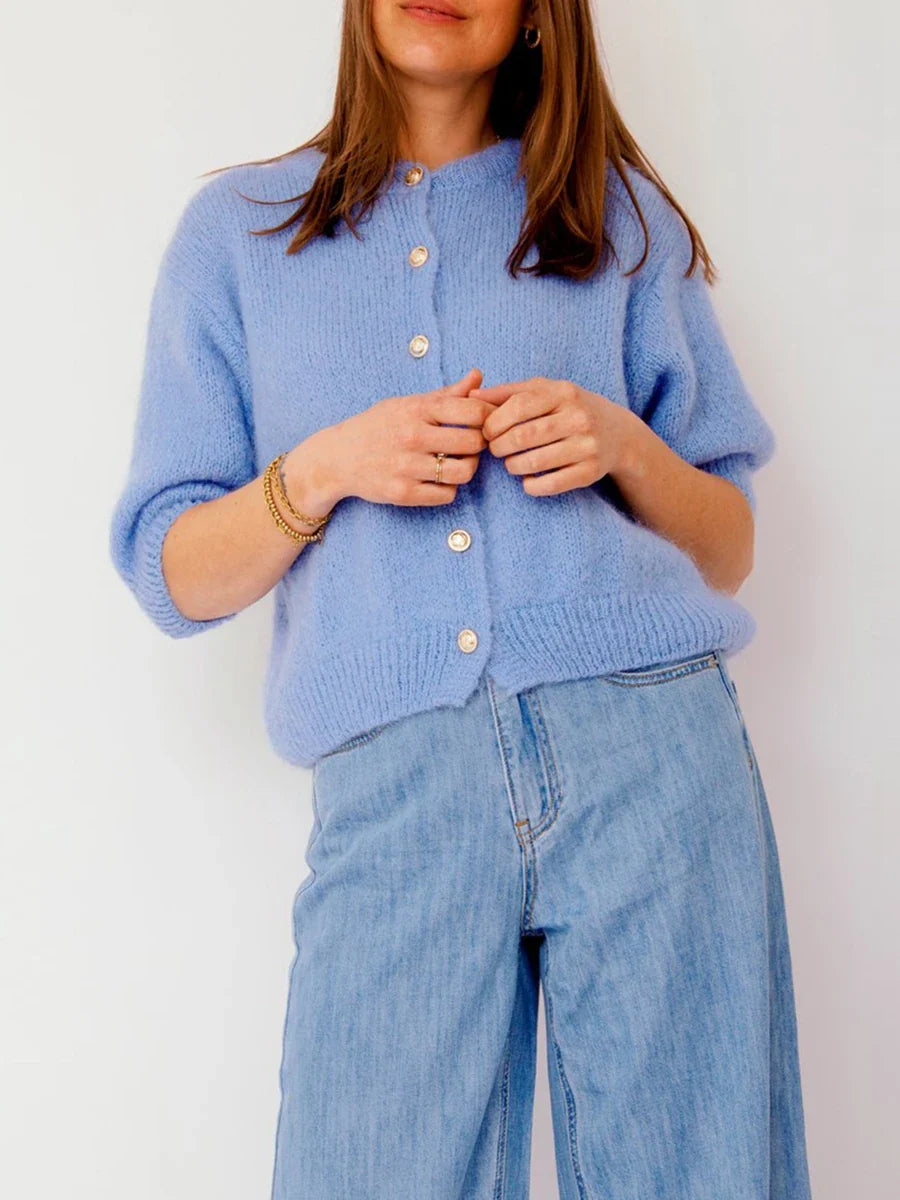 Women Knitted Crop Cardigan Shirt Short Sleeve Button Down Ribbed Knit - Blue / XL