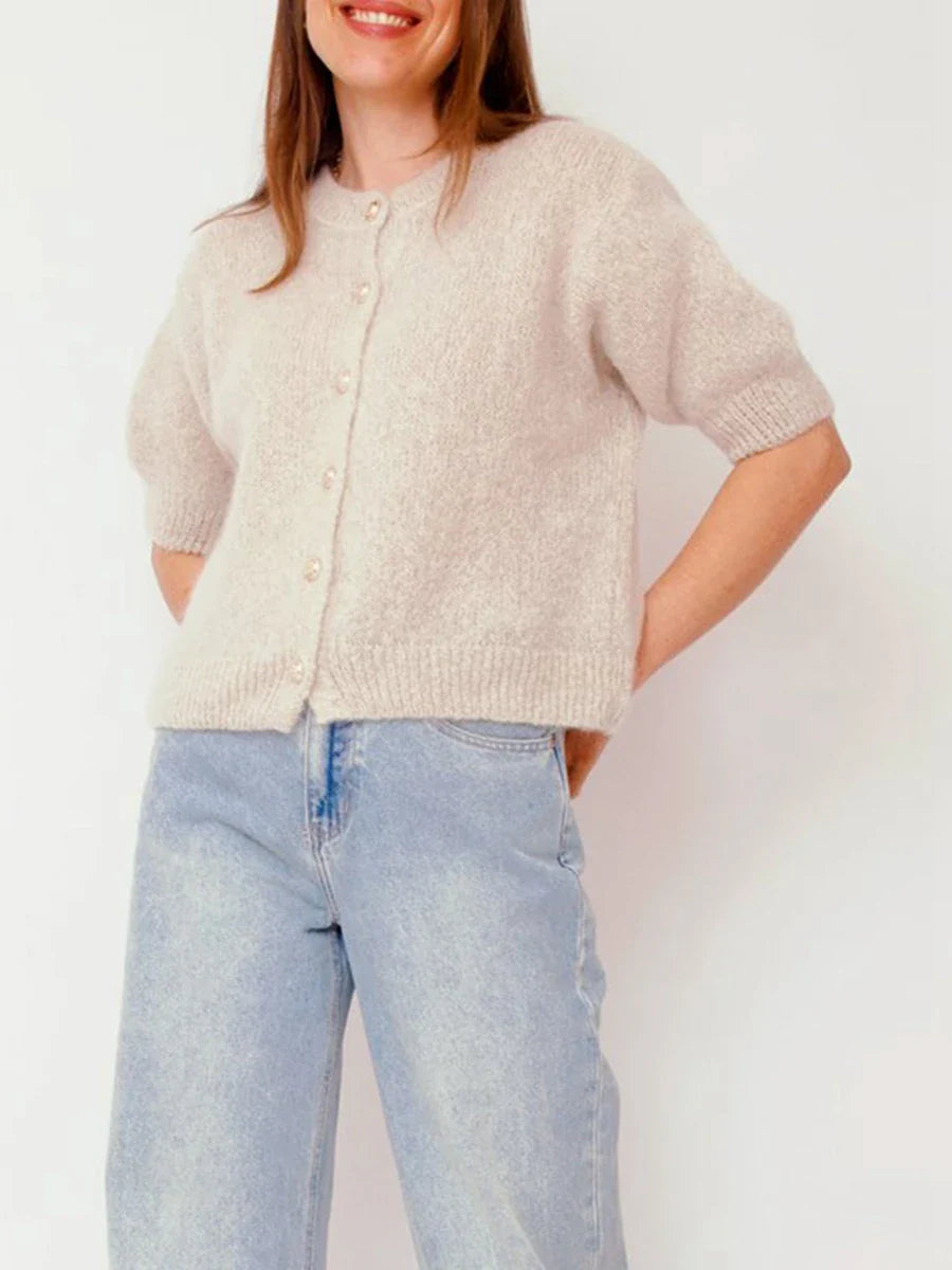 Women Knitted Crop Cardigan Shirt Short Sleeve Button Down Ribbed Knit - Pale pinkish gray / XL