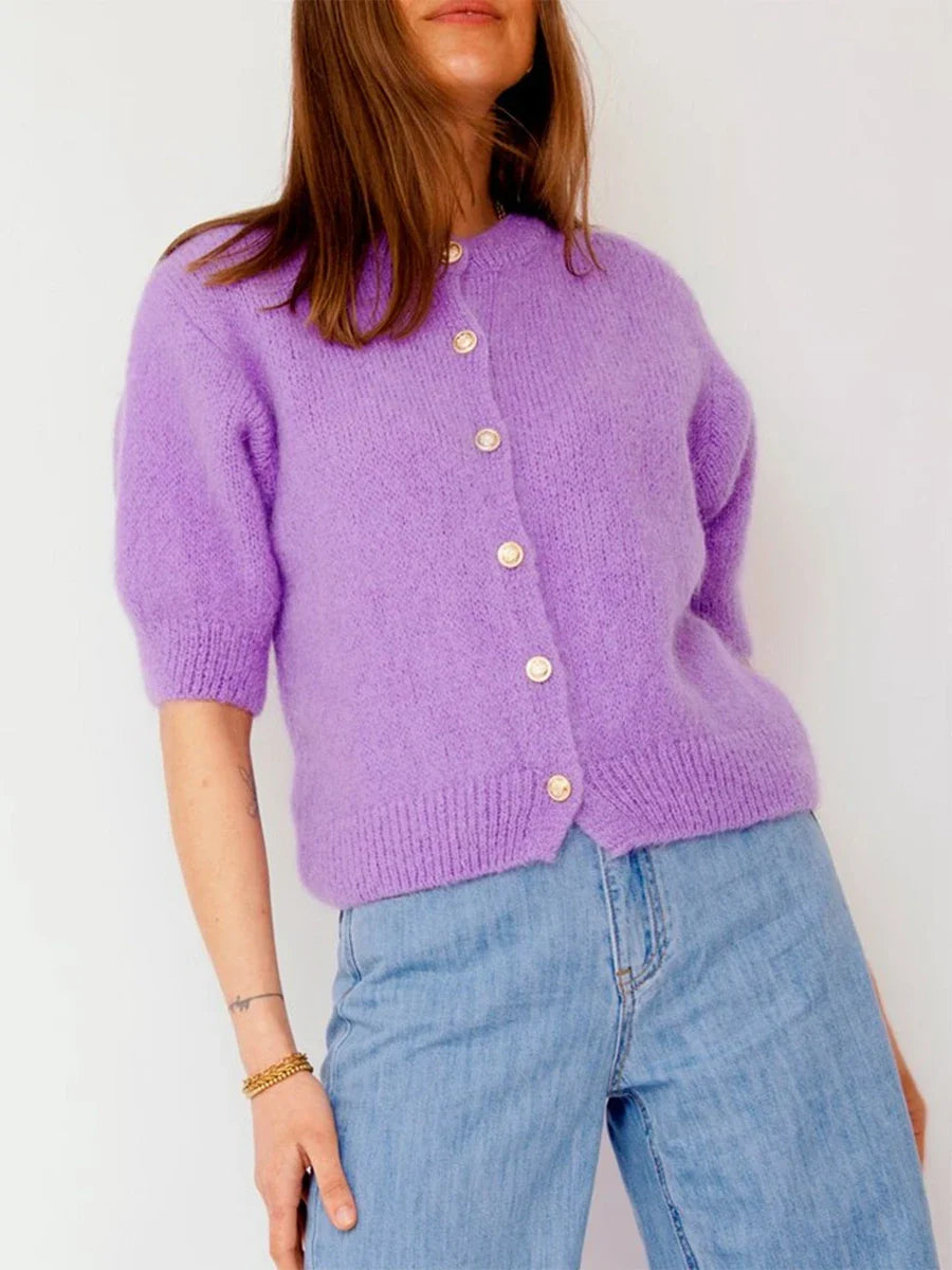 Women Knitted Crop Cardigan Shirt Short Sleeve Button Down Ribbed Knit - PURPLE / S