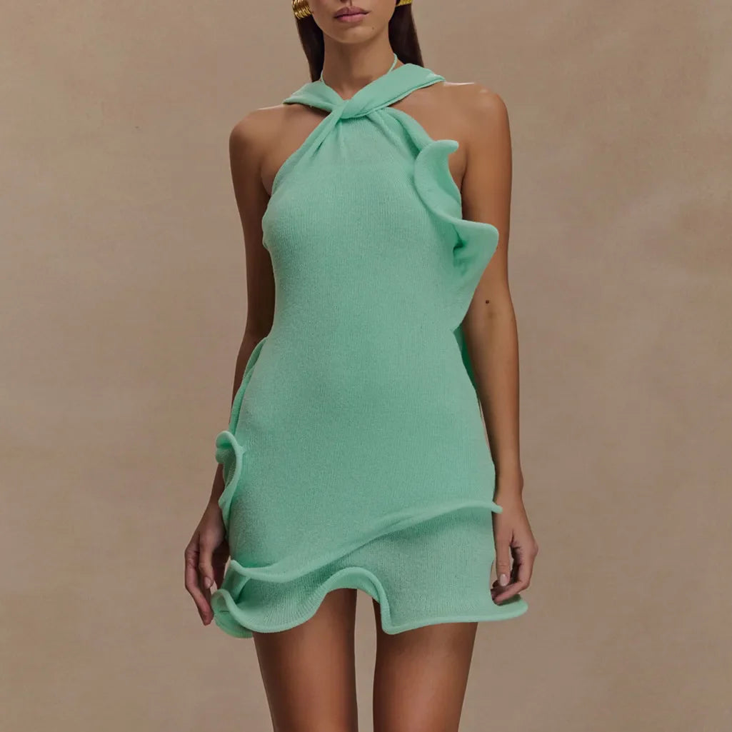 Women Knitted Halter Mini Dress - Mint / S
