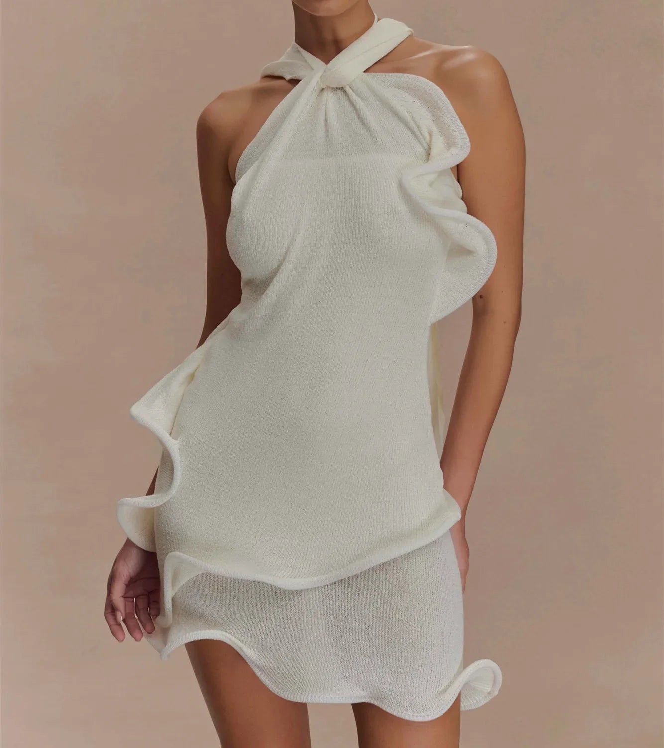 Women Knitted Halter Mini Dress - WHITE / L