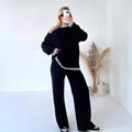 Women Knitting 2 Piece Set Casual Loose O Neck Pullover Top Wide Leg Pants