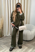 Women Knitting 2 Piece Set Casual Loose O Neck Pullover Top Wide Leg Pants - army green / S