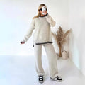Women Knitting 2 Piece Set Casual Loose O Neck Pullover Top Wide Leg Pants