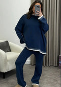 Women Knitting 2 Piece Set Casual Loose O Neck Pullover Top Wide Leg Pants