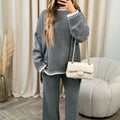 Women Knitting 2 Piece Set Casual Loose O Neck Pullover Top Wide Leg Pants - GRAY / S