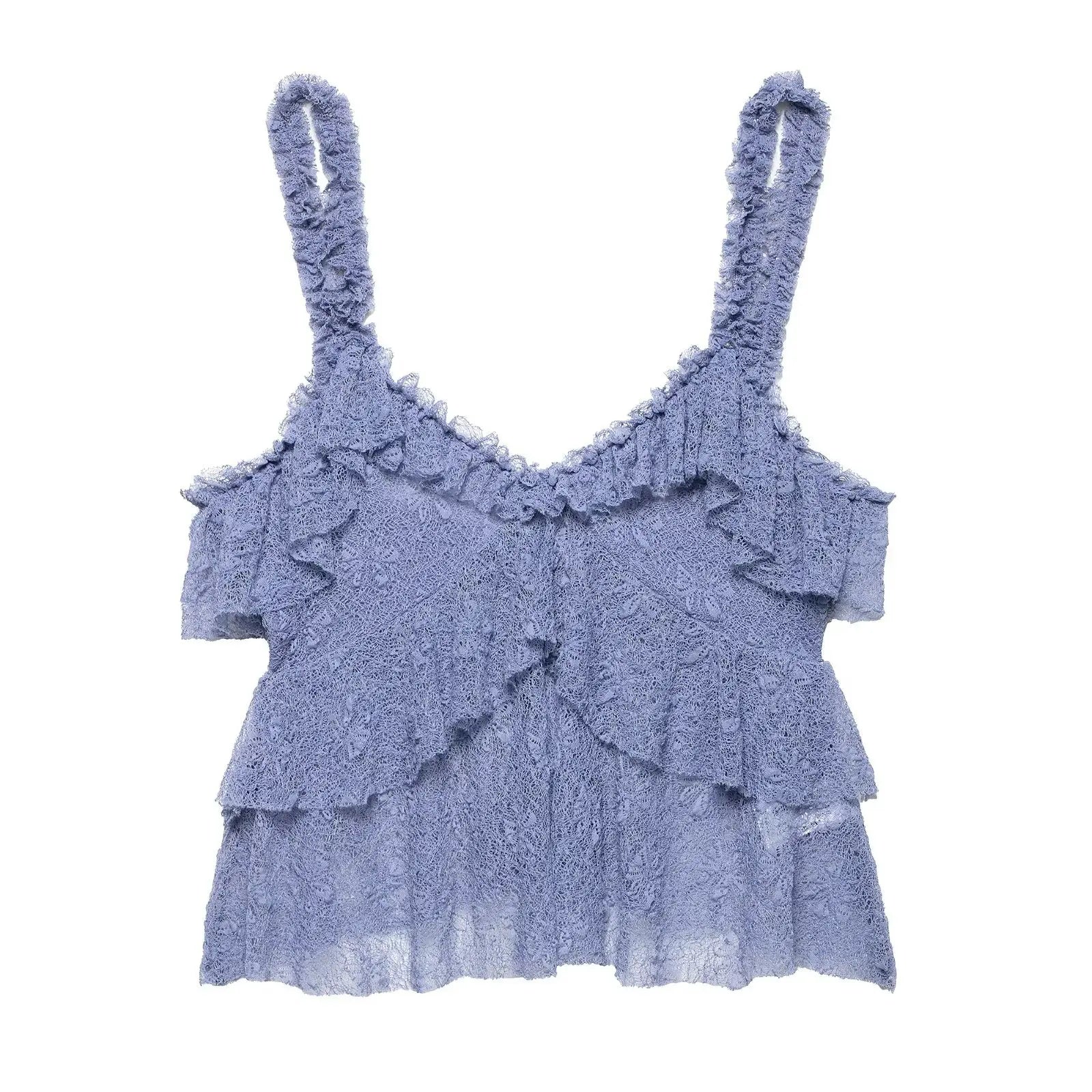 Women Lace Cropped Camisole Top Skirt Suit Set - Blue top / XS