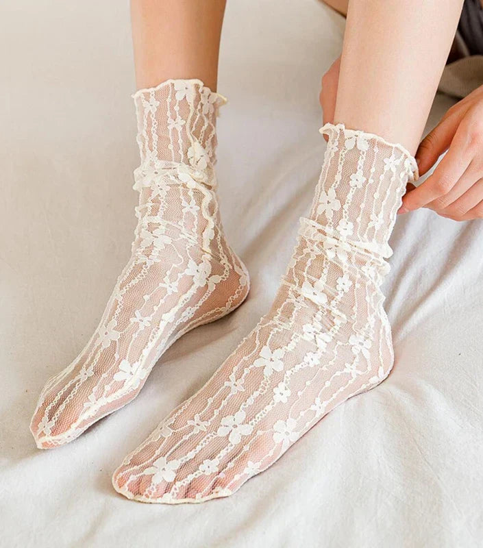 Women Lace Flower Fashion Ultra-thin Transparent Mesh Crew Socks - Beige