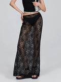 Women Lace Long Skirt Low Rise A-line Midi - L / black - Other