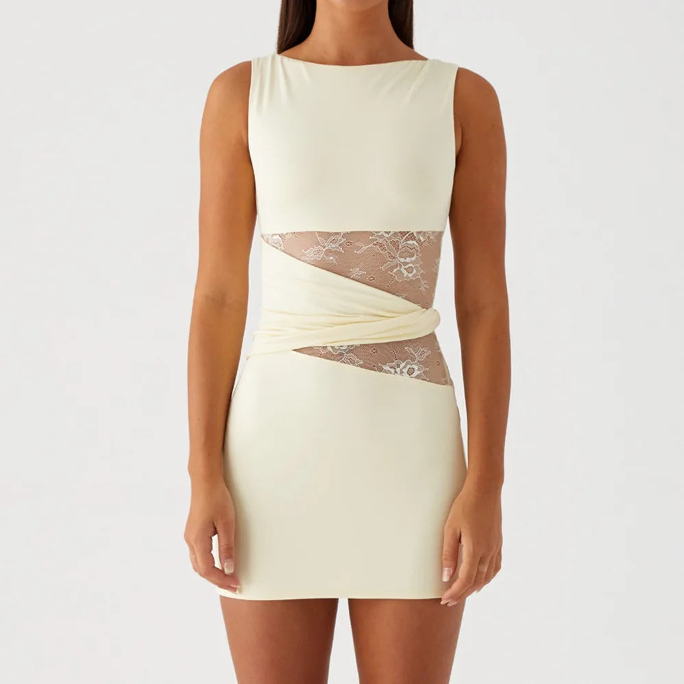 Women Lace Patchwork Mini Dress - Yellow / L