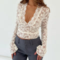 Women Lace See Through Tee Shirt Sheer Mesh Long Sleeve Crop - Other
