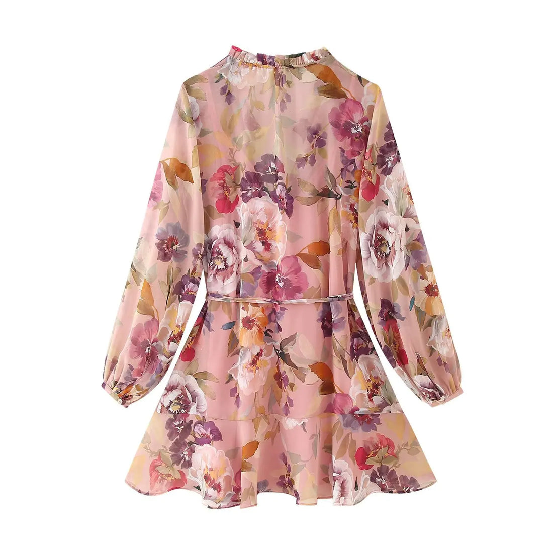 Women Lace-up Flower Print Dress Loose V-neck Long Sleeve - Printed dress / XS