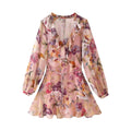 Women Lace-up Flower Print Dress Loose V-neck Long Sleeve - Printed dress / XS