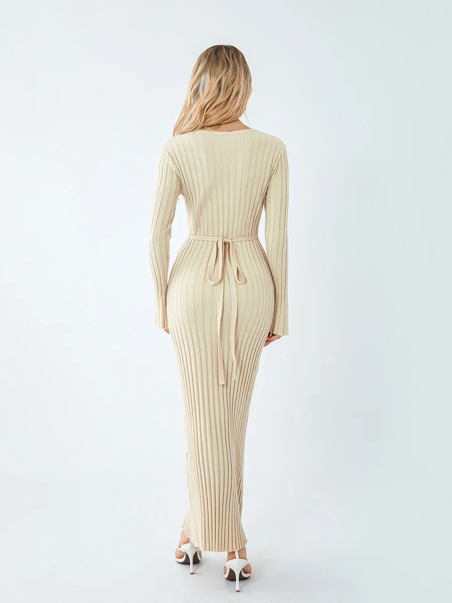 Women Lace-up Knit Dress Elegant Long Sleeve