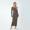 Women Lace-up Knit Dress Elegant Long Sleeve - APRICOT / M
