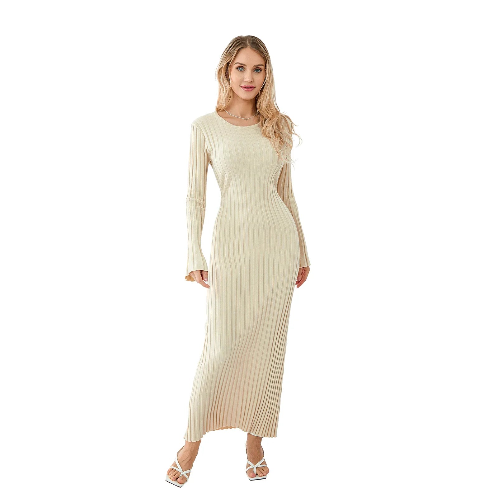 Women Lace-up Knit Dress Elegant Long Sleeve - Beige / M
