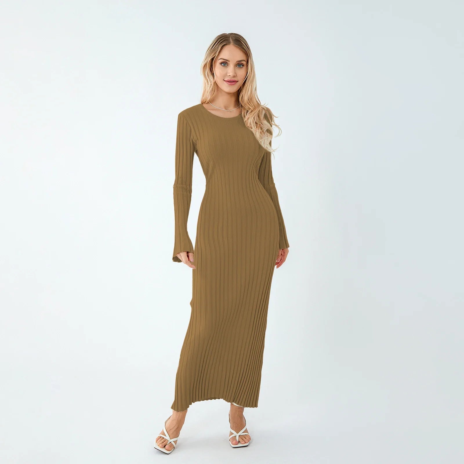 Women Lace-up Knit Dress Elegant Long Sleeve - Brown / M