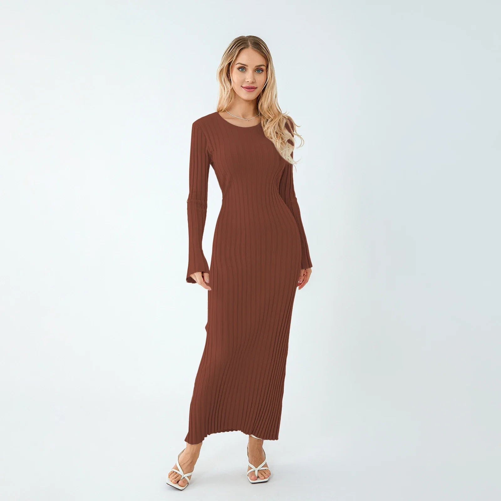 Women Lace-up Knit Dress Elegant Long Sleeve - Coffee / M