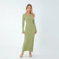 Women Lace-up Knit Dress Elegant Long Sleeve - green / L