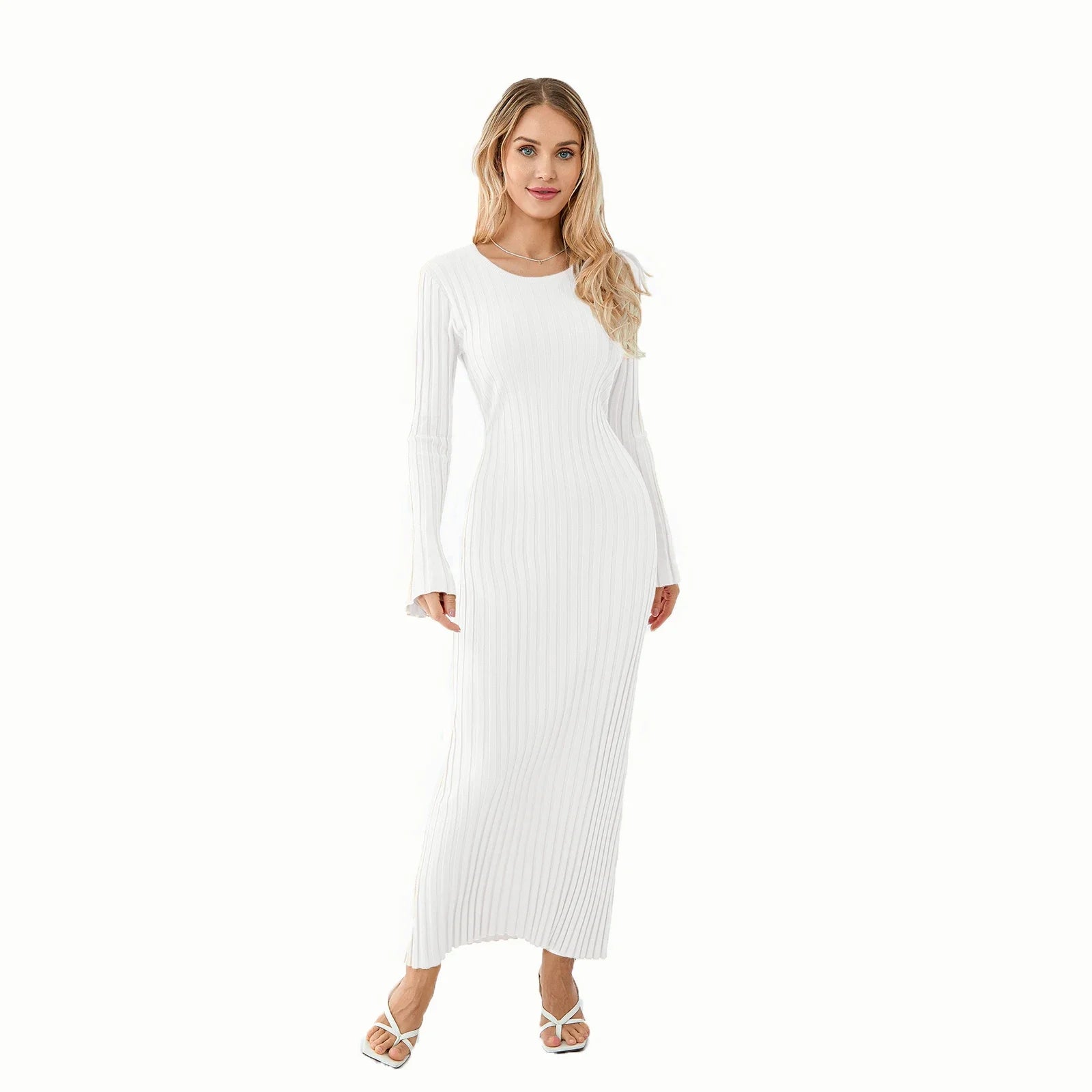 Women Lace-up Knit Dress Elegant Long Sleeve - WHITE / M