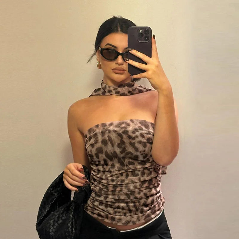 Women Leopard Print Top with Bandeau Off-the-shoulder - Other