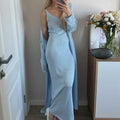 Women Long Dress Three Piece Solid Knit Halter Sleeve Cardigan Set
