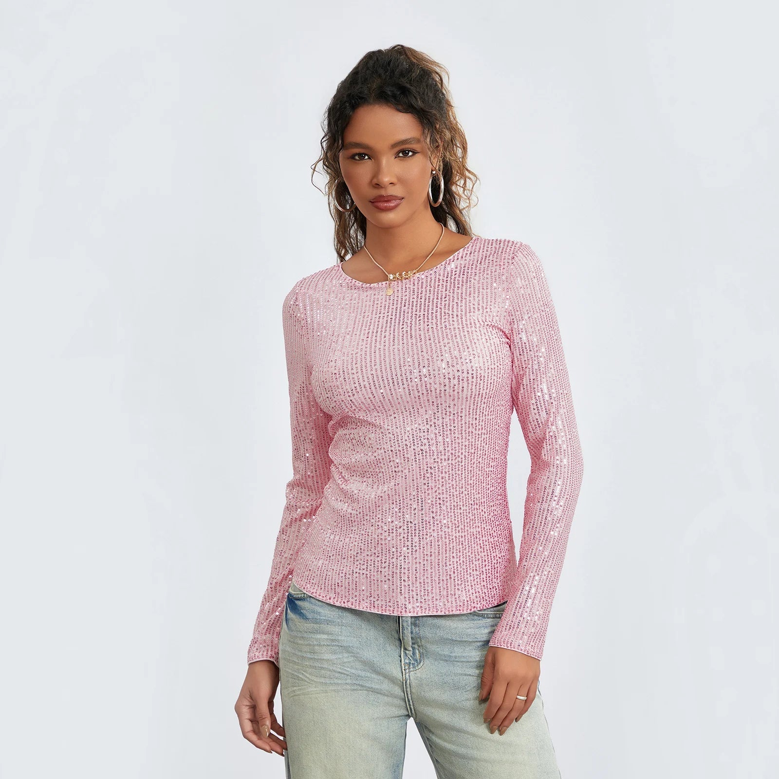 Women Long Sleeve Cropped Top Sequin Basic T-shirt