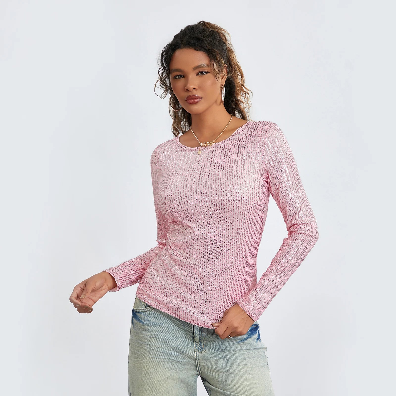 Women Long Sleeve Cropped Top Sequin Basic T-shirt