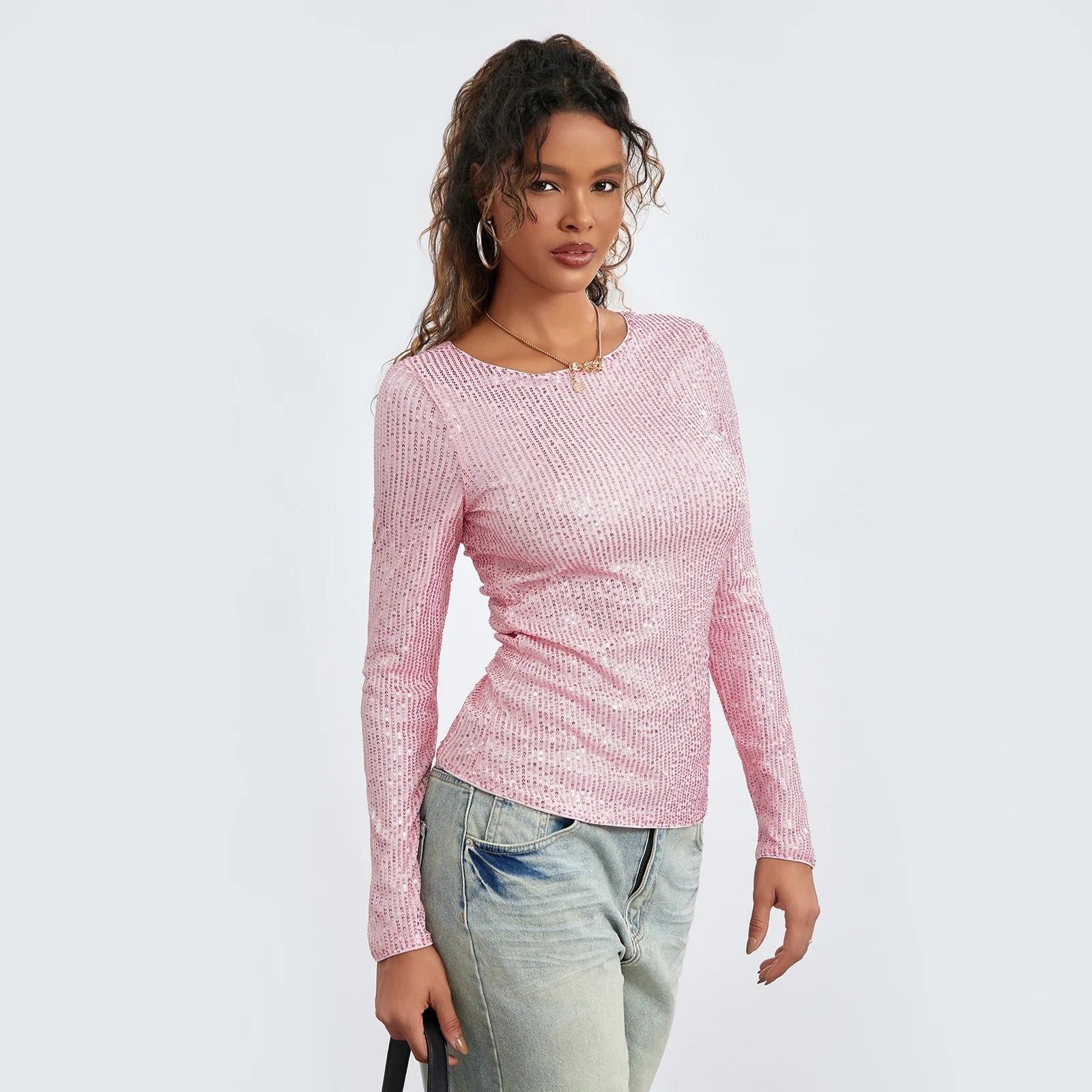 Women Long Sleeve Cropped Top Sequin Basic T-shirt