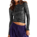 Women Long Sleeve Cropped Top Sequin Basic T-shirt - black / XL